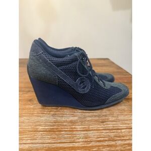 NO NAME Women Navy Blue Wedge platform Sneakers Mesh Denim Style Lace Up Size 38